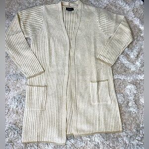 Fortune & Ivy Women L Striped Pockets Grunge Grandma Crochet Style Open Cardigan